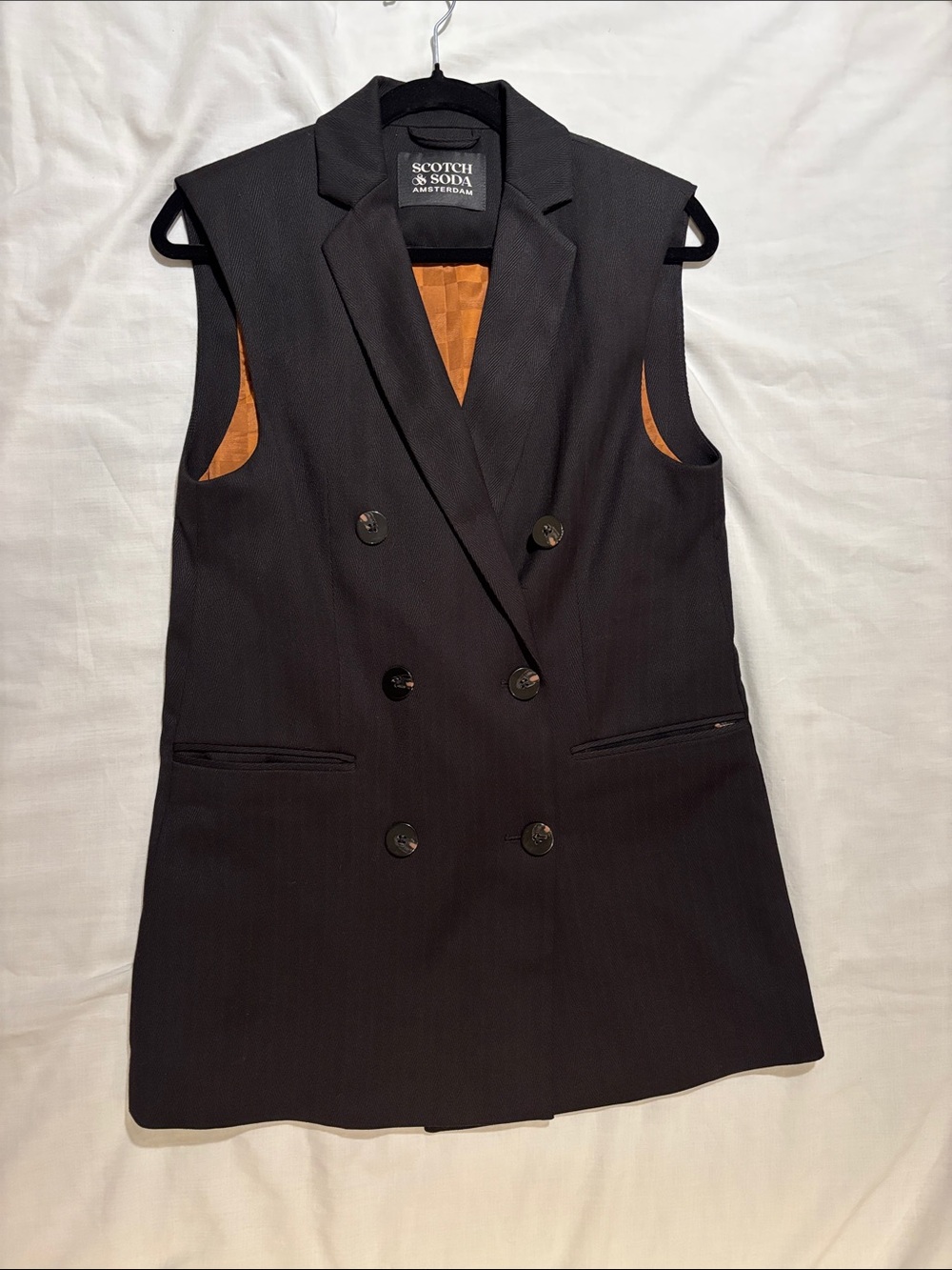 Scotch & Soda Sleeveless Double-Breasted Blazer Vest in Black with Orange Lining
